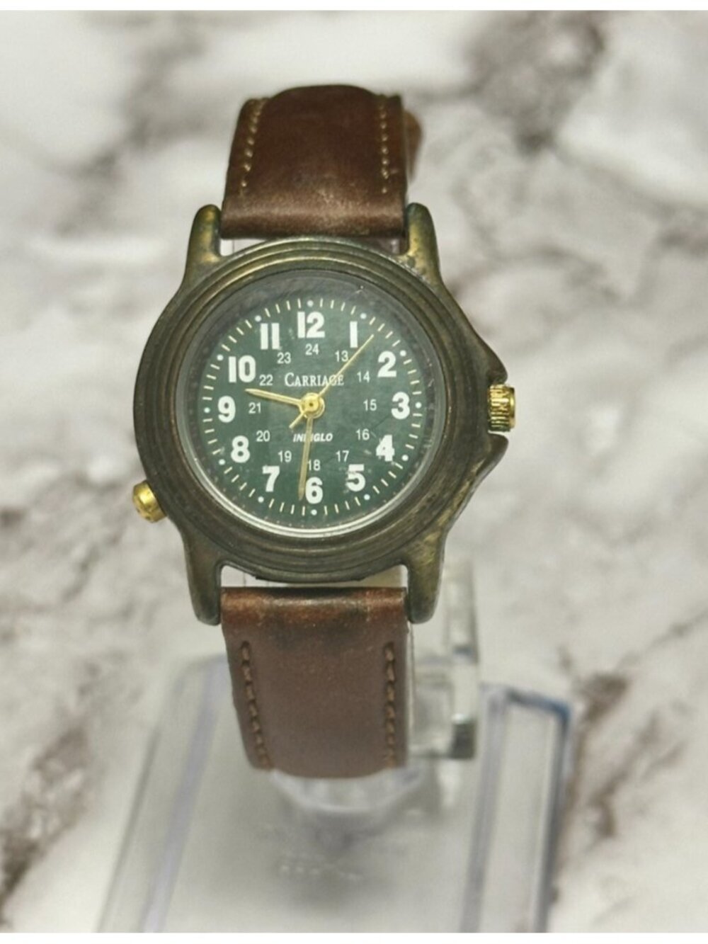 Vtg. Carriage Watch Women Bronze Tone Green Indiglo Dial Leather New Battery 8"